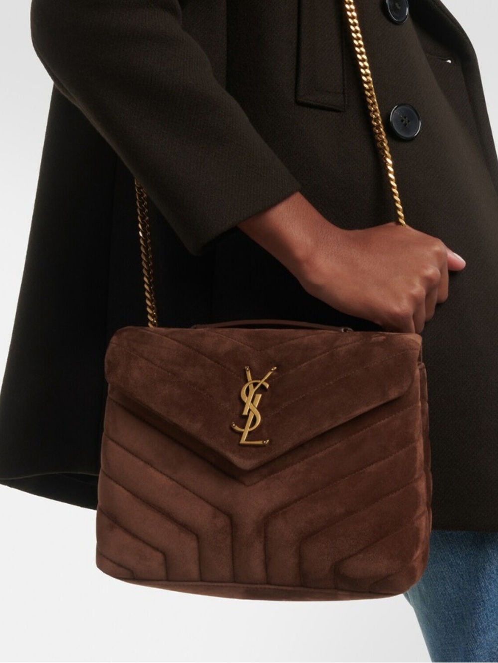 Saint Laurent YSL Small Loulou Suede Shoulder Bag in Brown